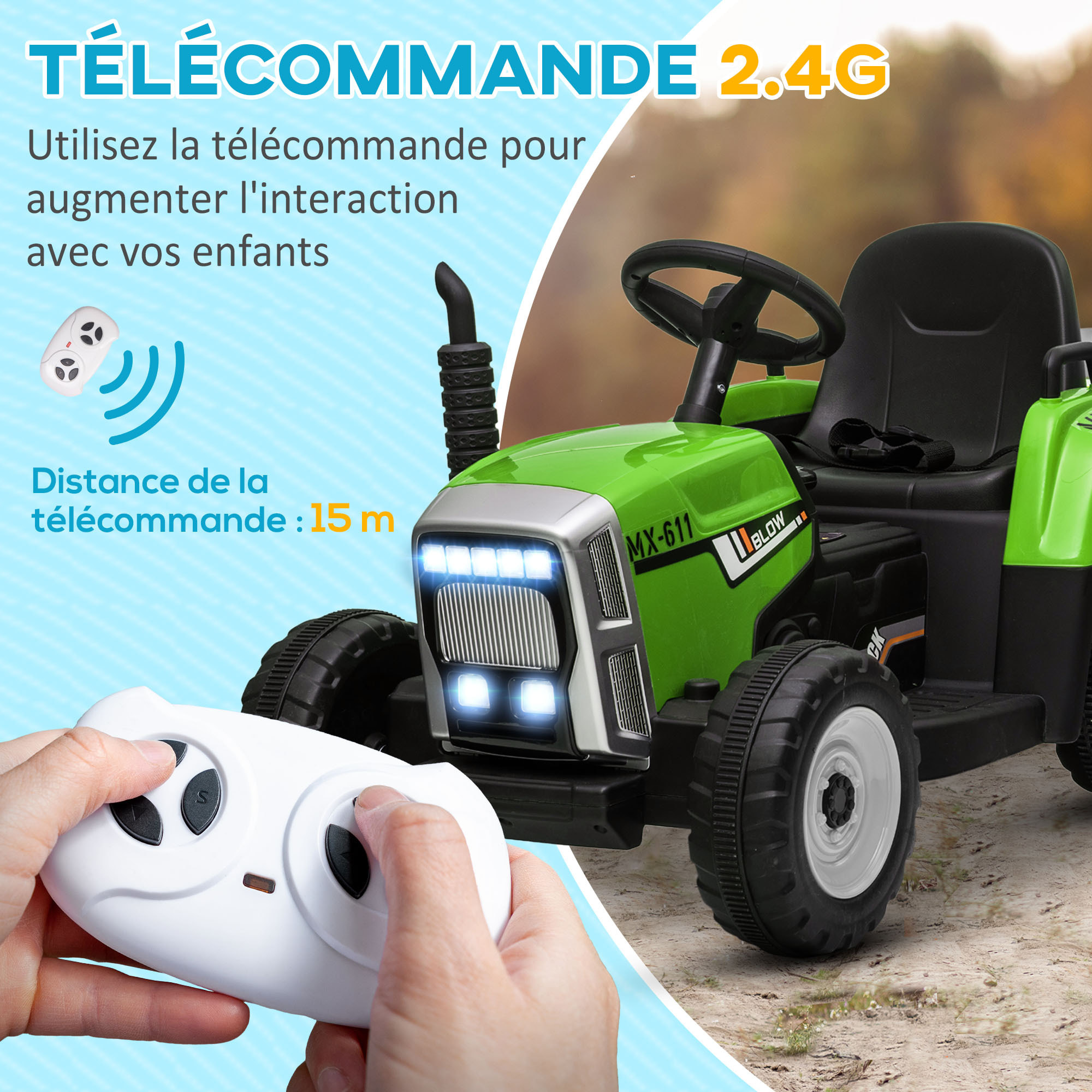 Tracteur électrique avec remorque amovible, voiture électrique enfants de 3 à 6 ans avec télécommande MP3 musique affichage lumières et ceinture de sécurité, 12V 3-6 km/h, vert