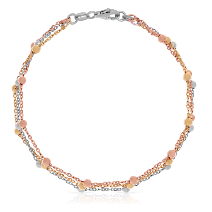 Pulsera Plata de ley 925 cadena triple con tallada con esferas y eslabones planos