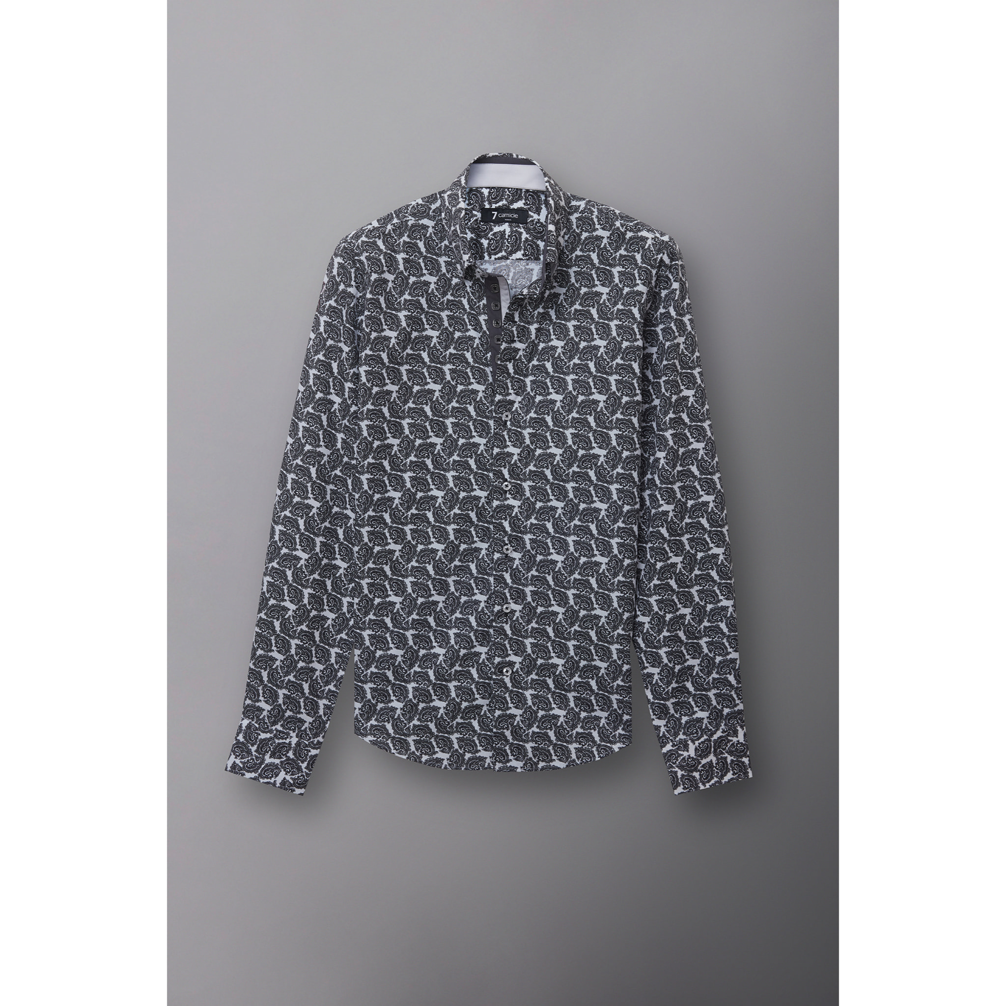 Camicia Uomo 2 Bottoni Button Down Slim Popeline Stampato Bianco/Nero