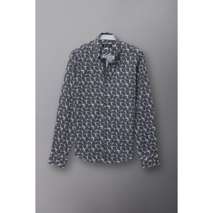 Camicia Uomo 2 Bottoni Button Down Slim Popeline Stampato Bianco/Nero