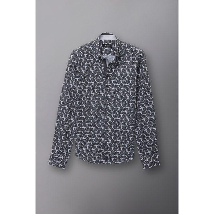 Camicia Uomo 2 Bottoni Button Down Slim Popeline Stampato Bianco/Nero