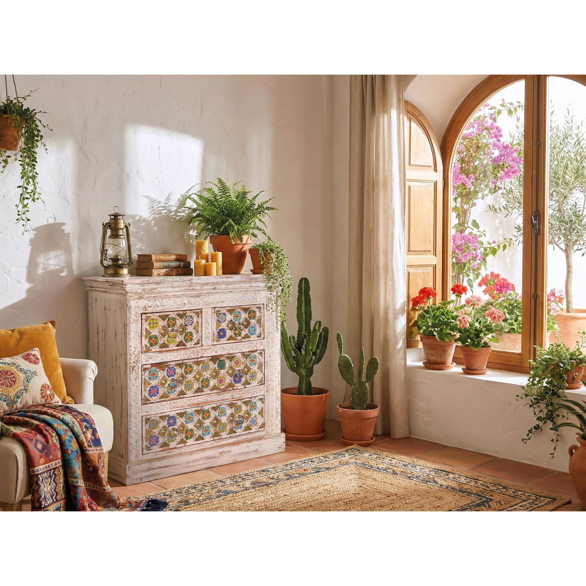 Cómoda de Madera de Mango 90 Cm Estilo Mediterráneo Moderno