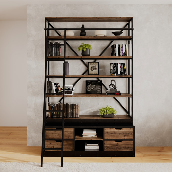 Bibliothèque 160 cm en bois et métal avec échelle, 4 tiroirs - Kasi
