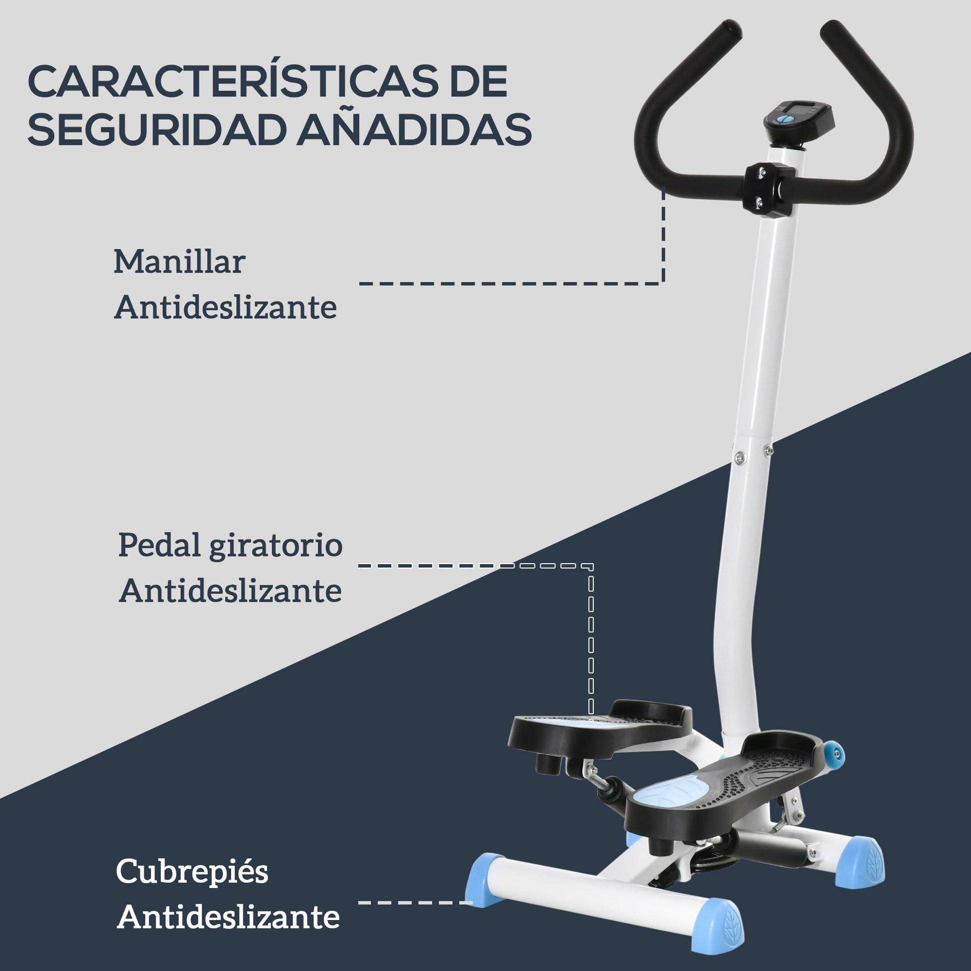 Máquina de Step Stepper Fitness en Casa para Escaleras con Pantalla LCD Manillar y Pedales Antideslizantes Equipo de Ejercicio para Gimnasio Oficina 55x44x108 cm Blanco y Azul