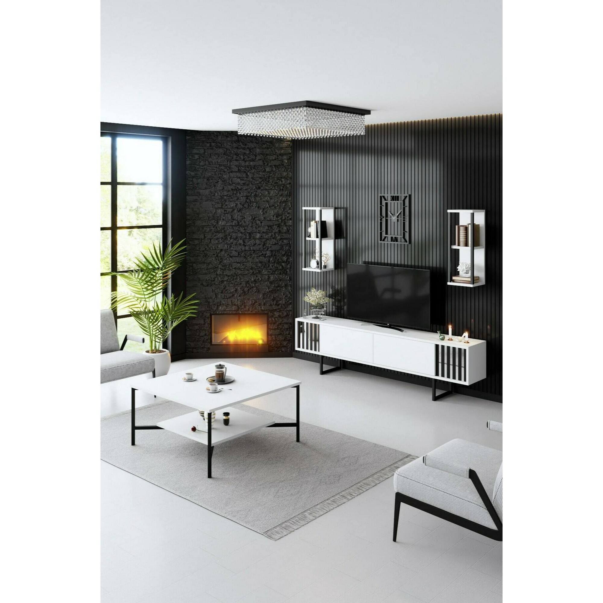 Tavolino da salotto Mia, Tavolo basso da caffè, Portariviste per divano, Ripiano da soggiorno, 80x80h40 cm, Bianco e Nero