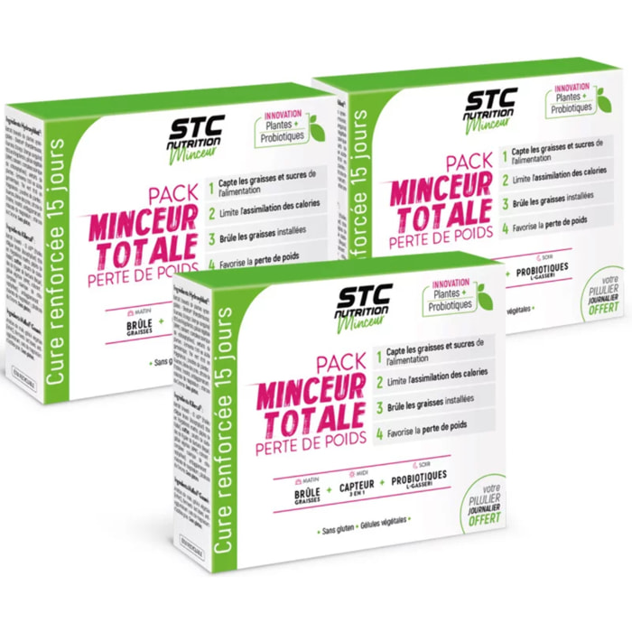 Pack Minceur Totale - Cure Perte de Poids 3 en 1 - Brûle & Déstocke les graisses installées - Convient aux Vegan - Actifs Naturels - Sans Gluten - Pilulier offert - Lot de 3