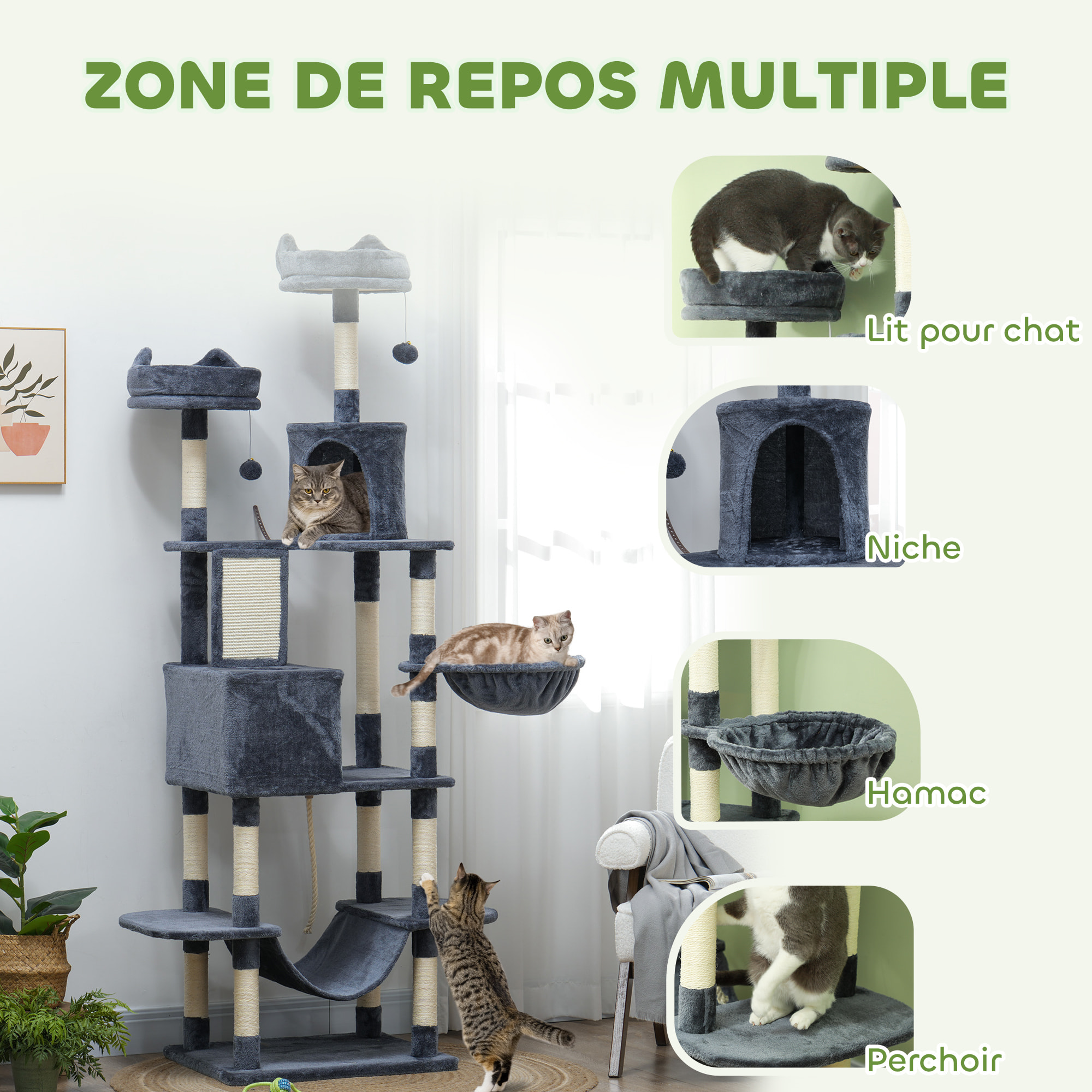 Arbre à chat grande taille H.206 cm équipement et accessoires multiples sisal naturel peluche gris