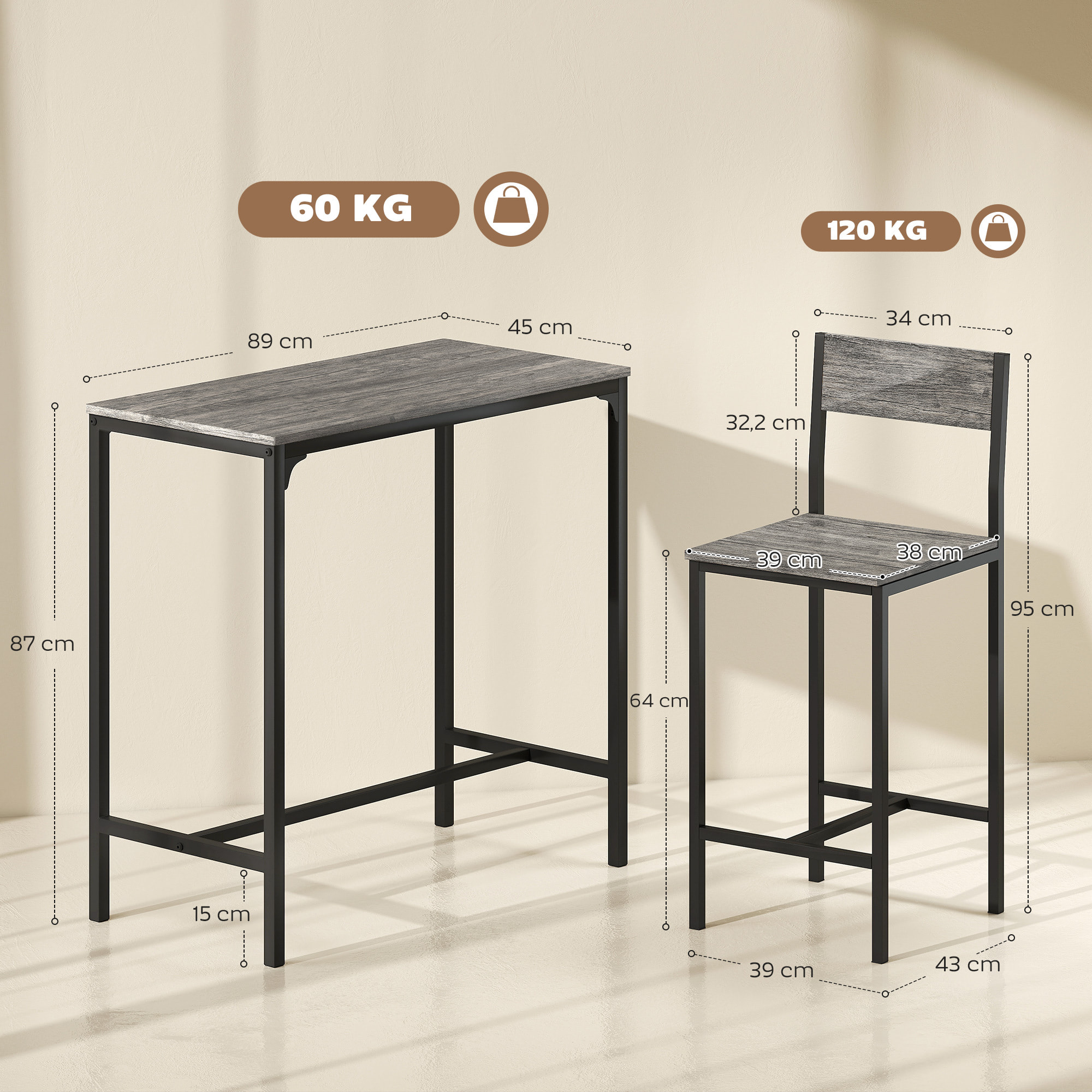 Ensemble table de bar 2 tabourets métal noir effet bois gris
