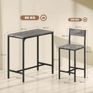 Ensemble table de bar 2 tabourets métal noir effet bois gris