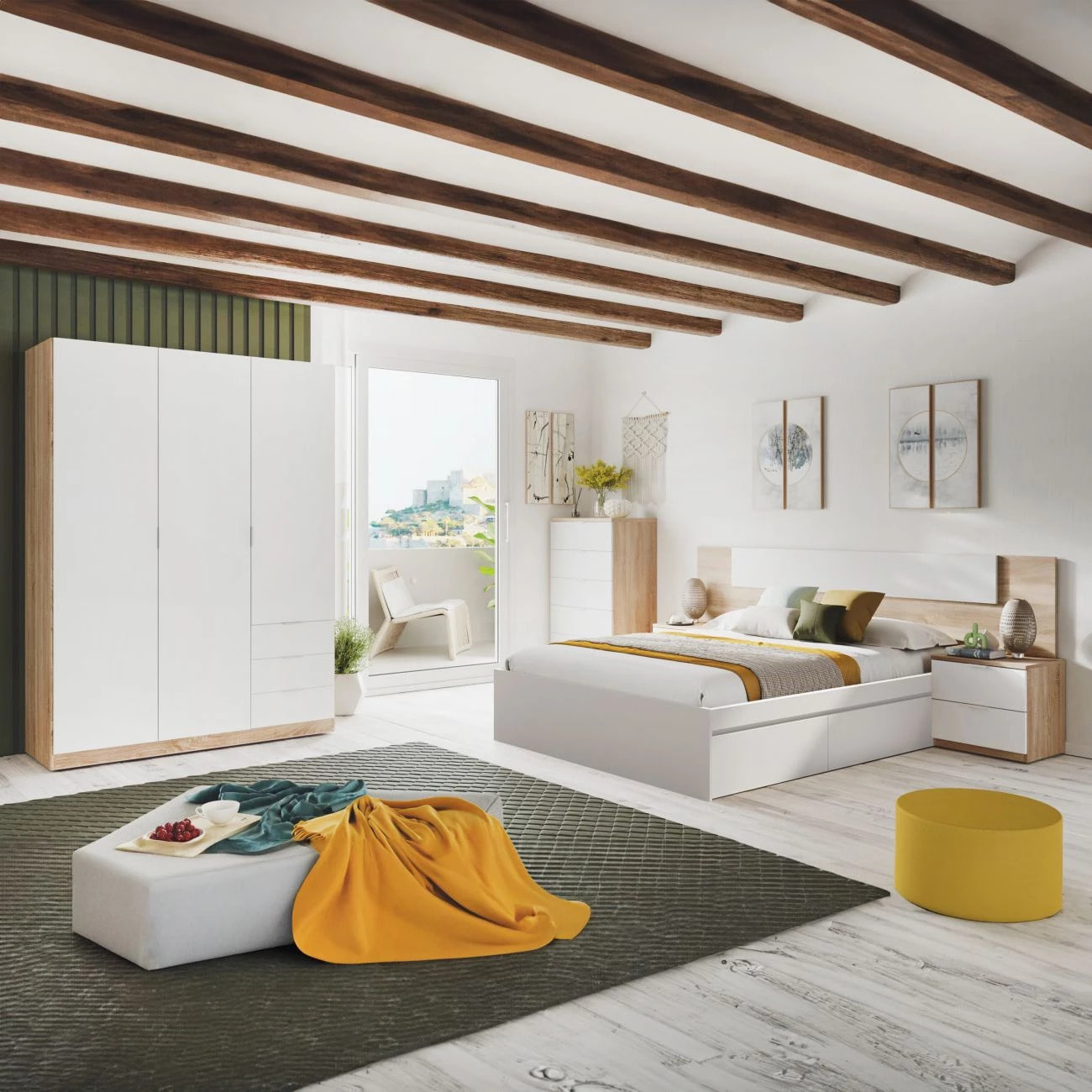 Dormitorio compuesto por 6 piezas en blanco artik y roble canadian Akari 5C Max Blanco Artik (Blanco Mate) - Roble Canadian
