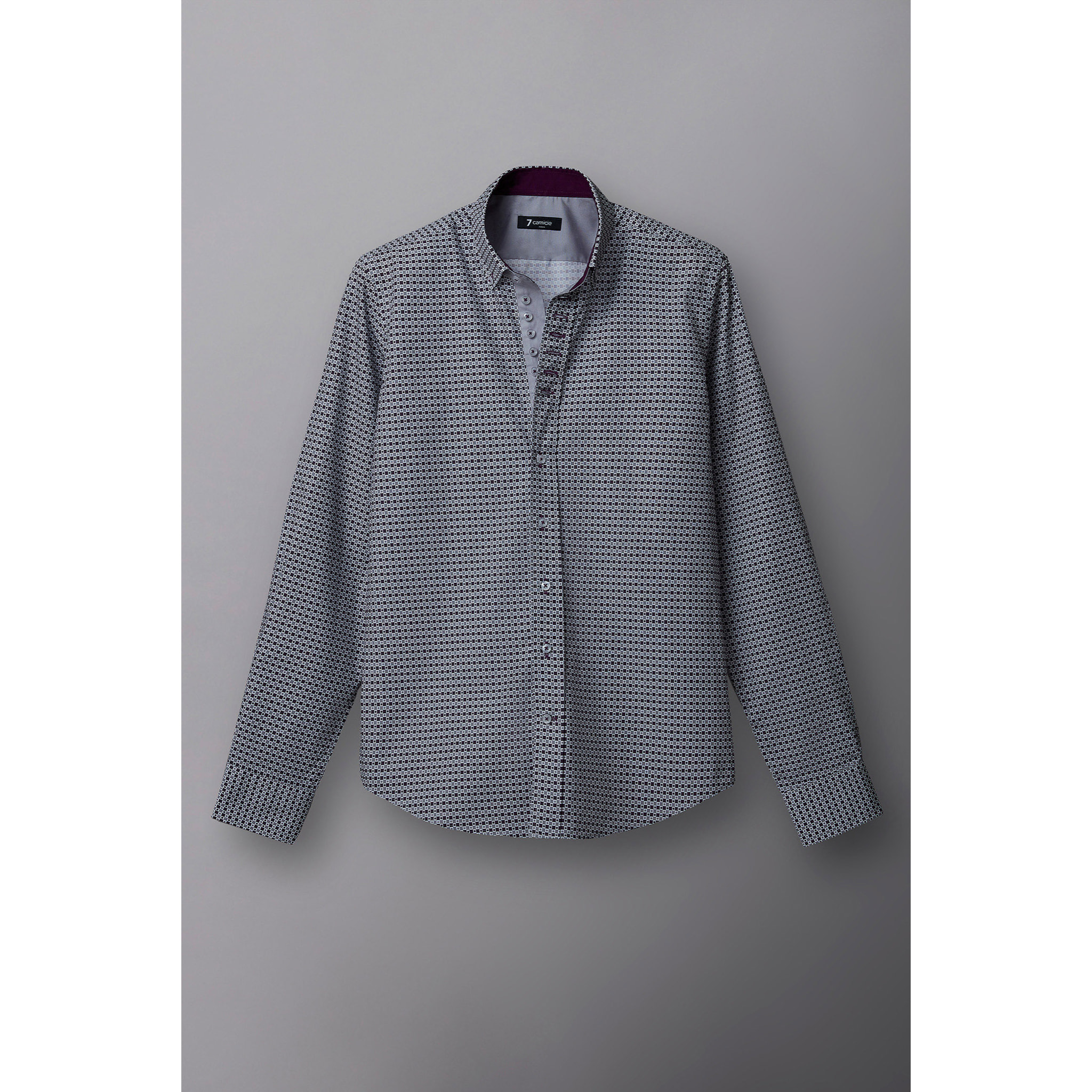 Camicia Uomo 1 Bottoni Button Down Slim Popeline Stampato Grigio Scuro Viola Melanzana