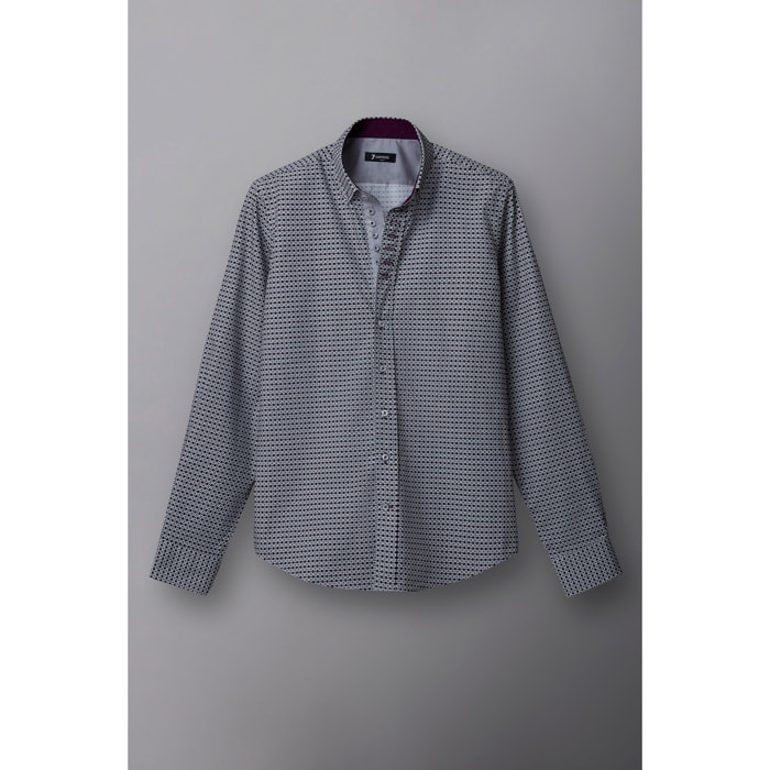 Camicia Uomo 1 Bottoni Button Down Slim Popeline Stampato Grigio Scuro Viola Melanzana