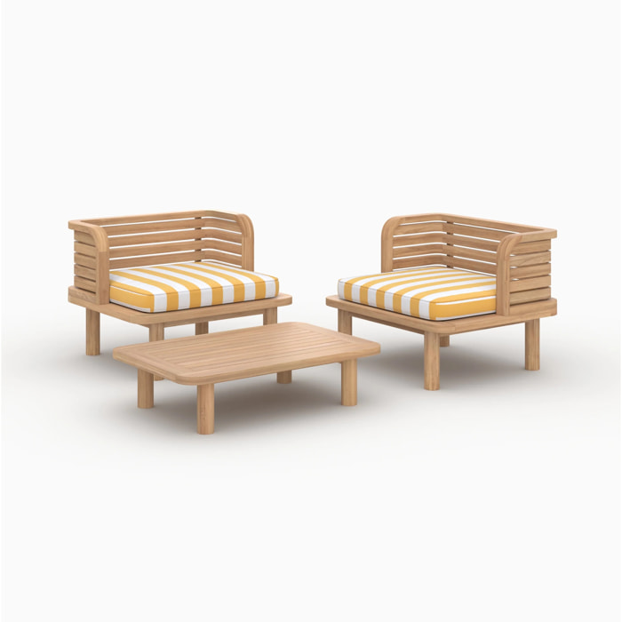 Salon de jardin 2 places en teck, tissu rayé jaune, 2 fauteuils - Kilda