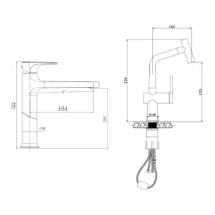 Dark set mitigeur lavabo XL + mitigeur cuisine Ceramia Timeless acier inoxydable, douchette extractible, or (SATTMLDA1285BG)