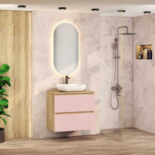 Ensemble de Salle de Bain Nia | Meuble Suspendu | 70 cm Rose | Deux Tiroirs |Lavabo sur Plan | Miroir non inclus | Meuble Monté | Alday