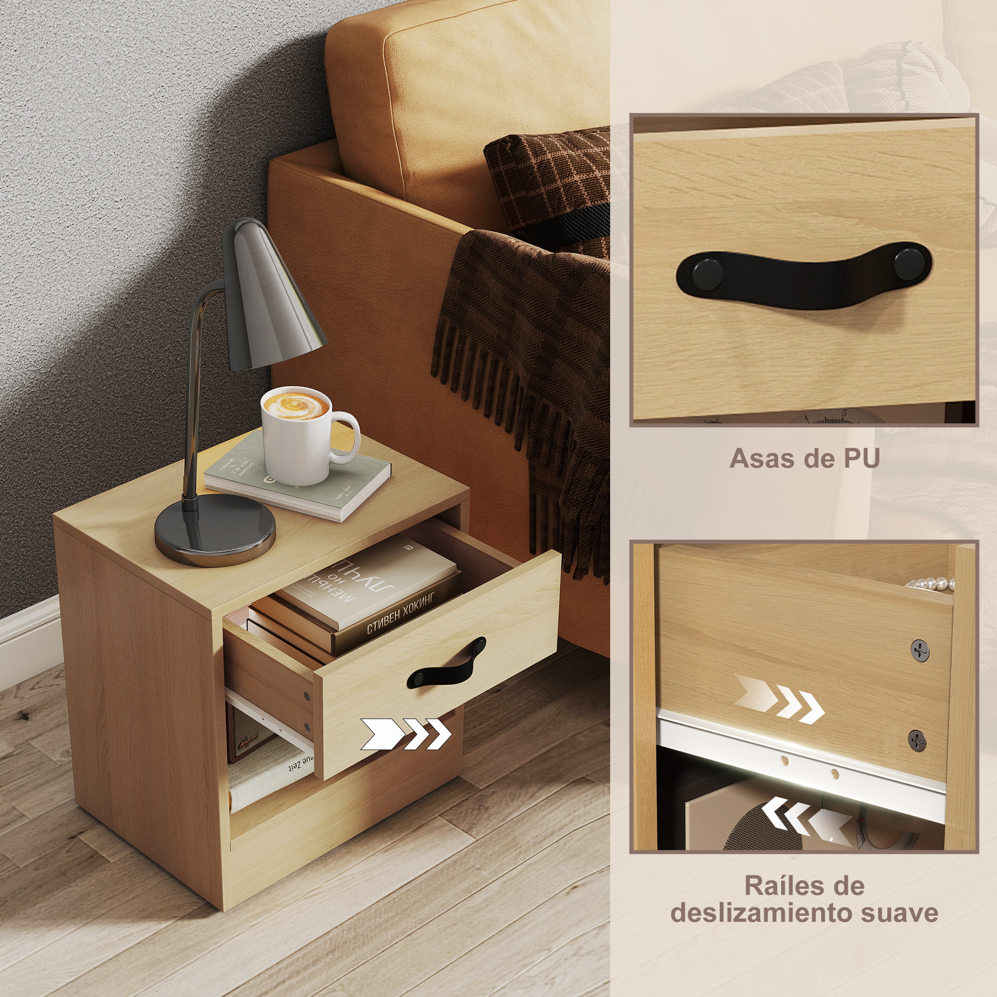 Pack de 2 Mesitas de Noche Mesillas de Noche Dormitorio Estrechas con Cajón y Compartimento Abierto para Salón 39x28x41 cm Natural