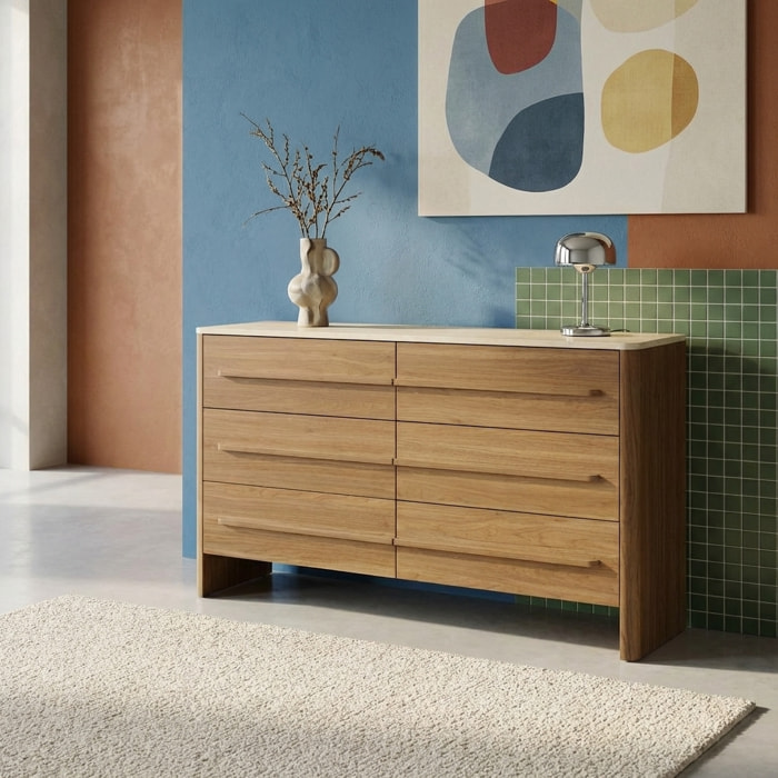 Commode décor bois et effet travertin 6 tiroirs  ARETHA