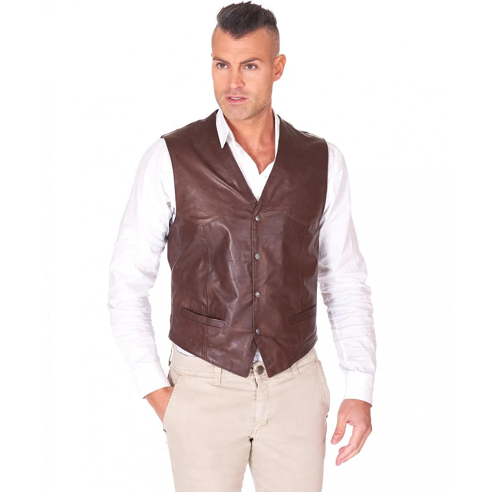 Gilet in pelle naturale marrone stile classico