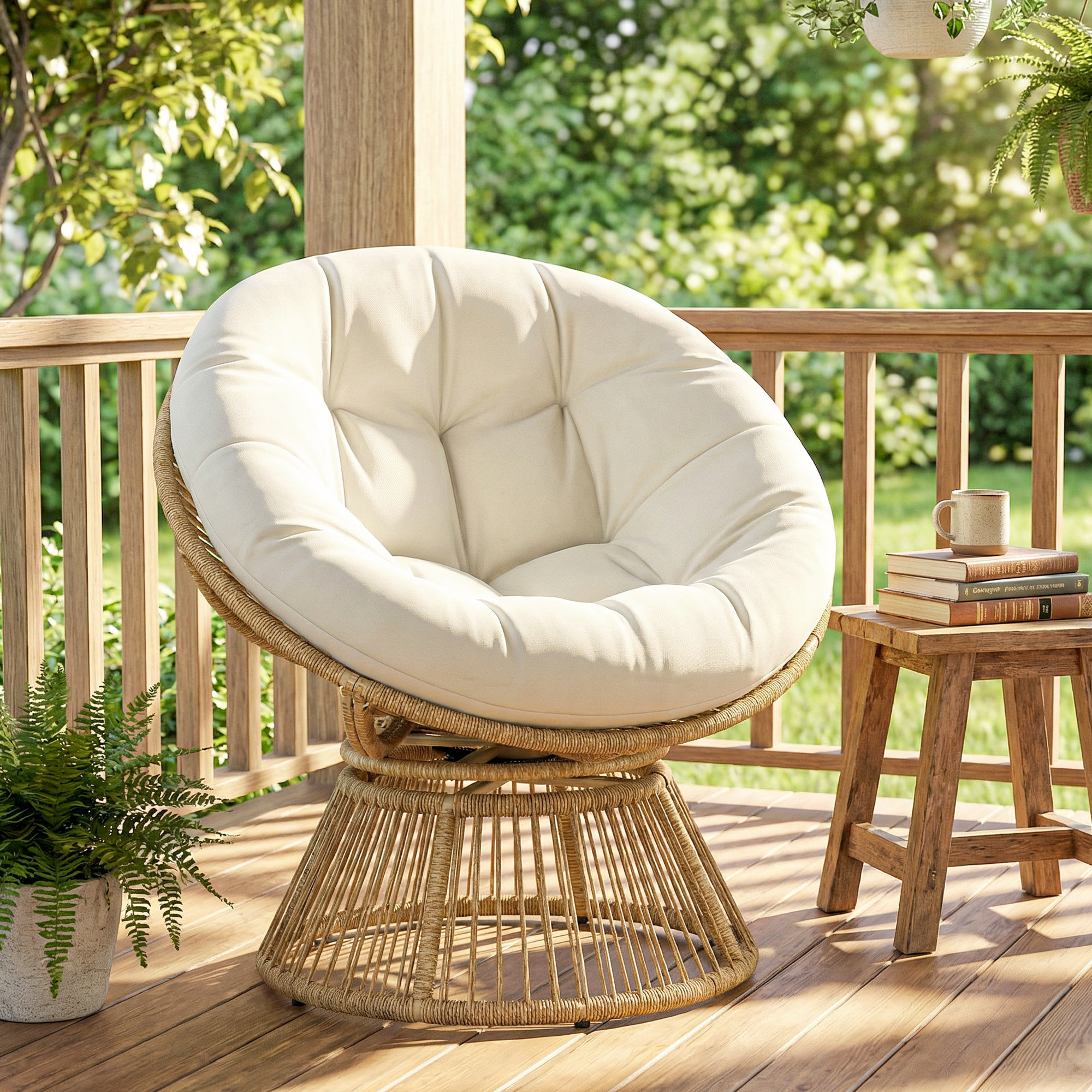 Fauteuil papasan pivotant 360° coussin moelleux polyrotin naturel