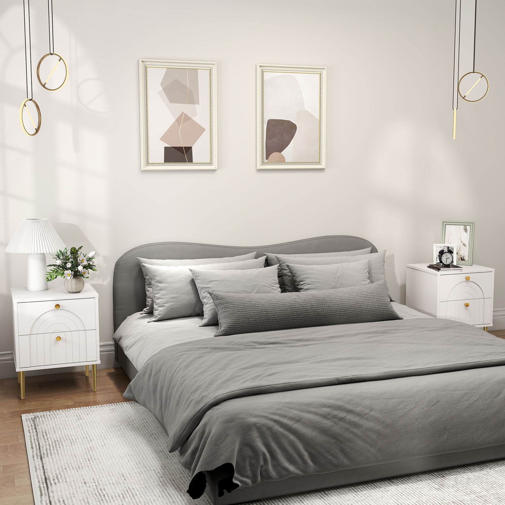Lot de 2 chevets tables de nuit design - 2 tiroirs - piètement poignée métal doré blanc