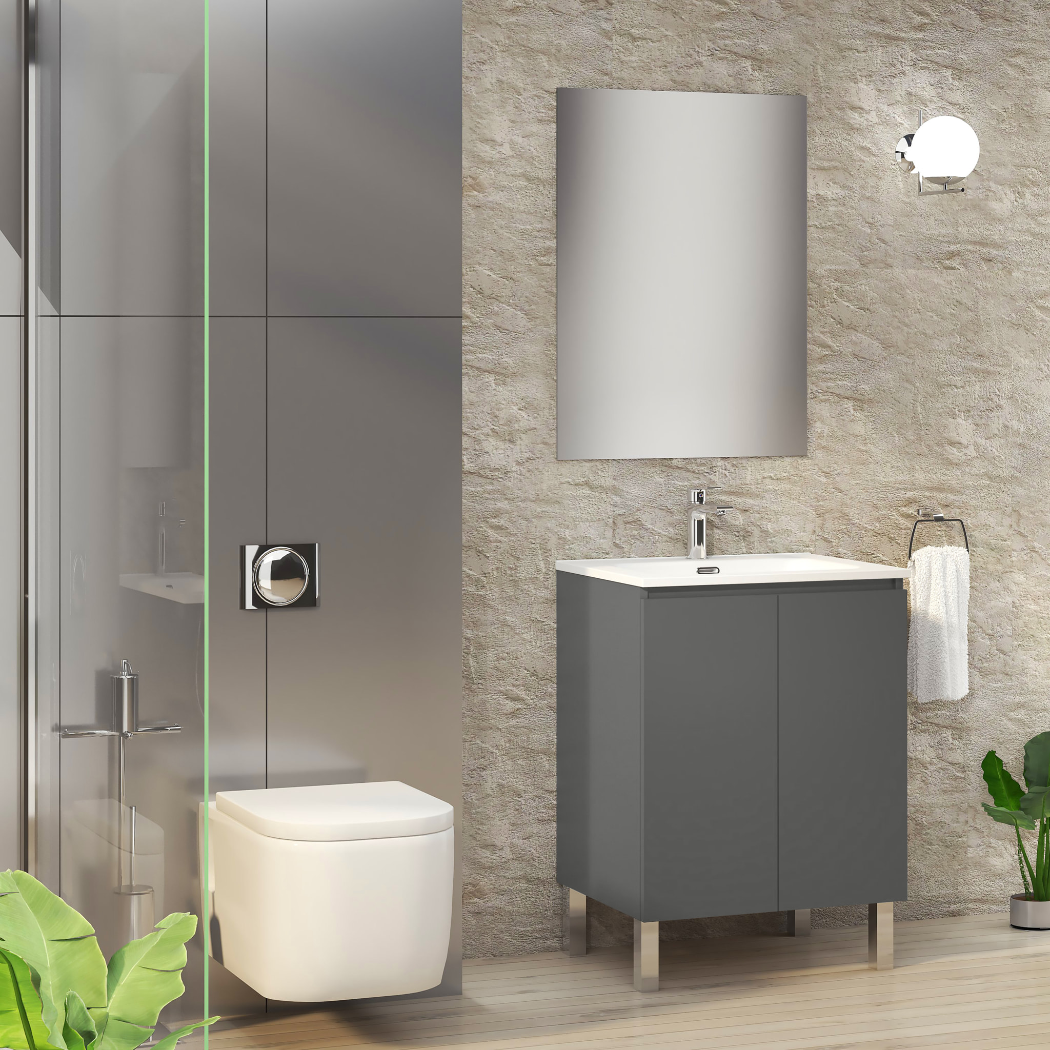 Ensemble de Salle de Bain Lust | 60 cm Gris Mat | Deux Portes | Lavabo Encastré | N'inclut pas le Miroir | Meuble Assemblé | Alday