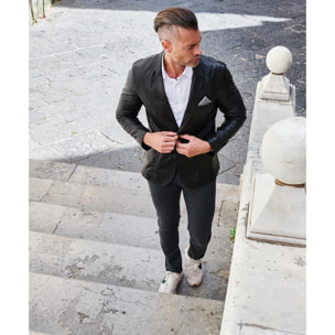 Blazer in pelle nappa nera con taschino e fazzoletto