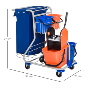 Carro de Limpieza Profesional con Doble Cubo Extraíble de 18 Litros Escurridor de Prensa 2 Cubetas Auxiliares y Bolsa de Basura 93x70x97 cm Azul y Naranja