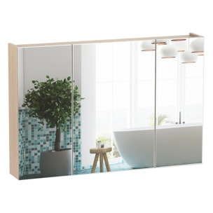 Armoire murale miroir salle de bain 3 portes 3 étagères dim. 90L x 14l x 60H cm panneaux particules chêne clair