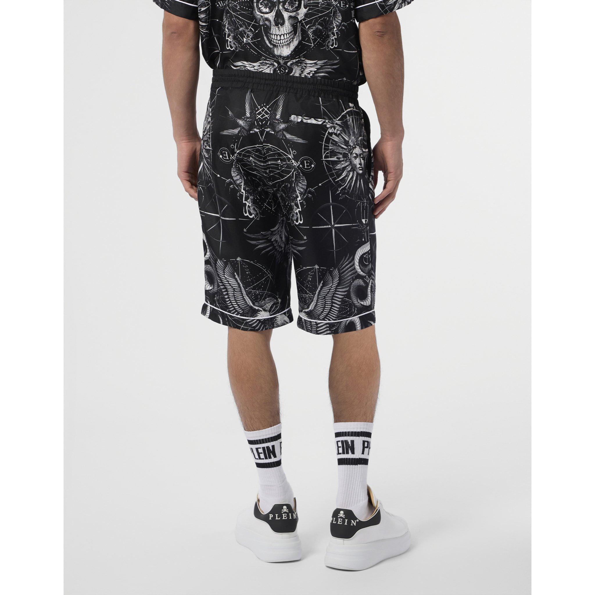 PHILIPP PLEIN Silk Bowling Shorts All-Over Tattoo