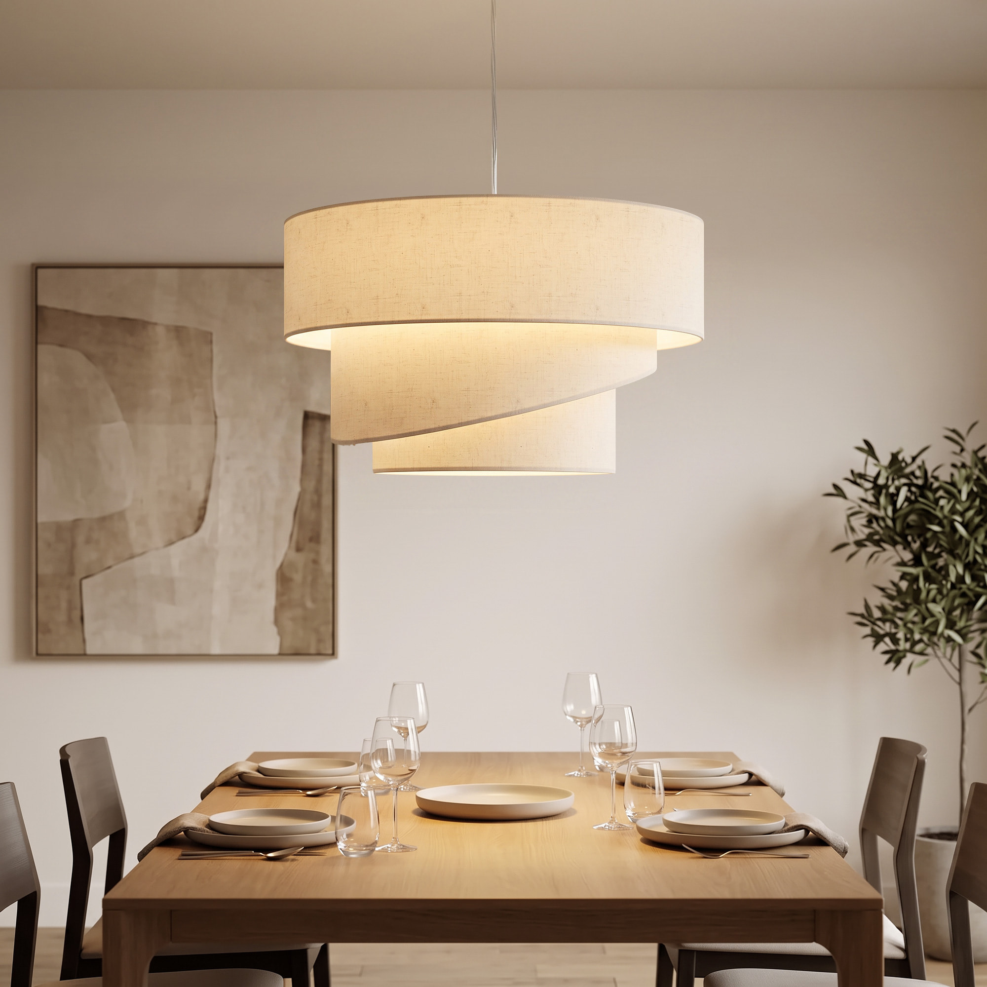 Suspension salon beige clair - abat-jour triple - support doré