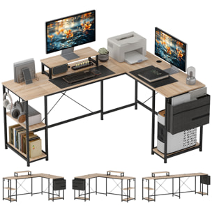 Escritorio Esquinero Reversible en L, Largo 168-240 cm, Mesa Escritorio de Ordenador Industrial con Soporte Monitor y CPU, Estantería, Bolsillo Lateral, Ganchos, Estante Ajustable, Natural