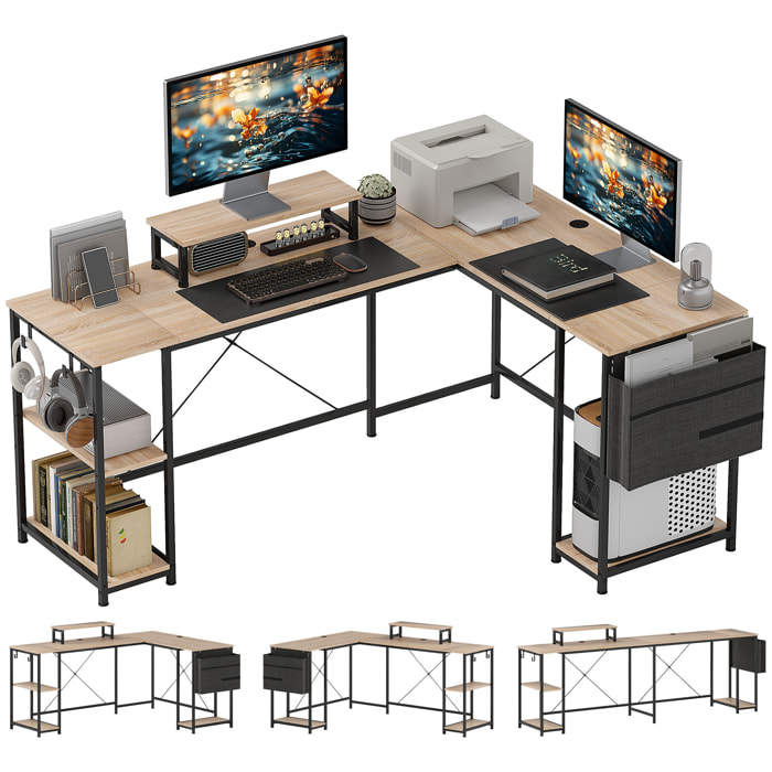 Escritorio Esquinero Reversible en L, Largo 168-240 cm, Mesa Escritorio de Ordenador Industrial con Soporte Monitor y CPU, Estantería, Bolsillo Lateral, Ganchos, Estante Ajustable, Natural