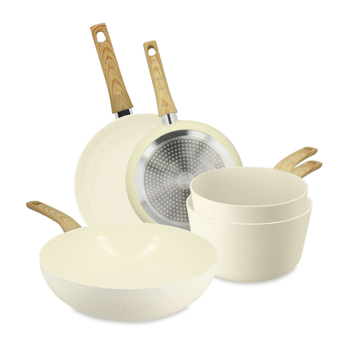 Batterie de cuisine 5 pièces en aluminium recyclé crème - tous feux CREME