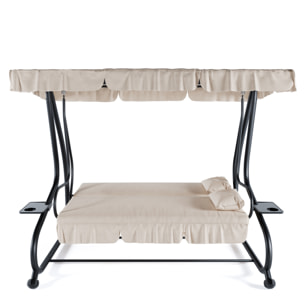 Dondolo 3 Posti Reclinabile Tettuccio Parasole Regolabile Cuscini Imbottiti Diventa Letto Struttura Robusta In Acciaio 200 x 120 x 160 cm Beige