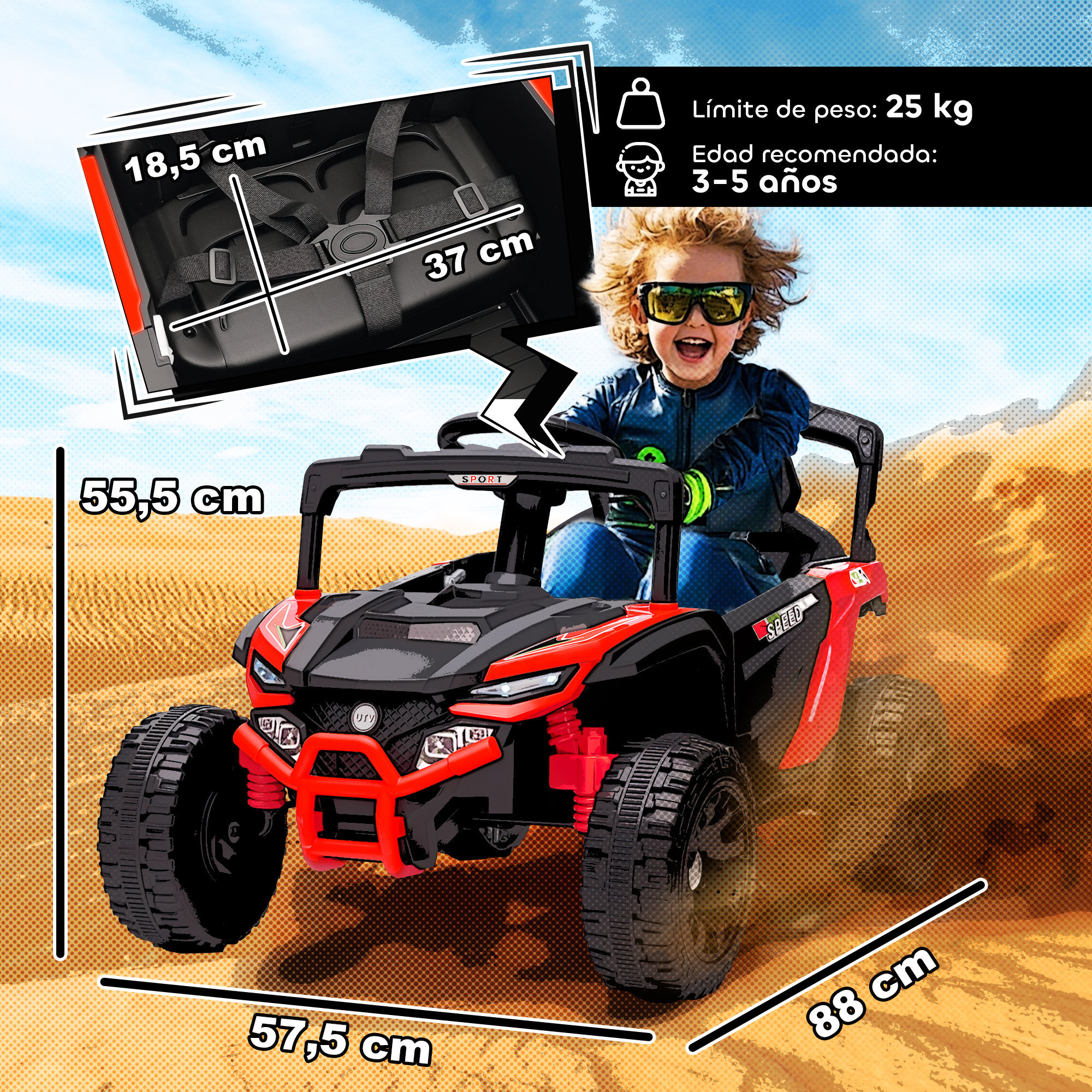 Coche Eléctrico para Niños 12V, Coche de Batería UTV con 2 Motores, Control Remoto 2,4G, Suspensión Trasera, Faros, Música, para Niños de +3 Años, Rojo