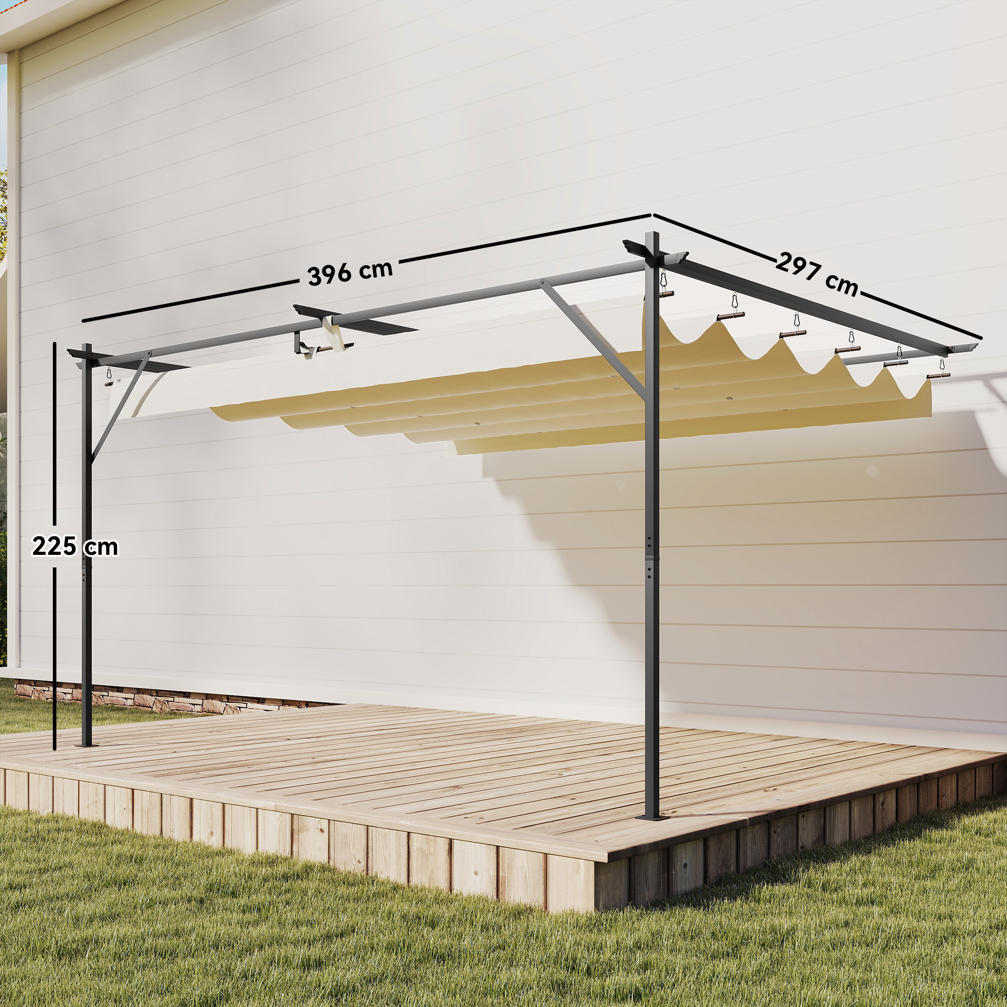 Pérgola de Pared de Jardín 4x3 m, Cenador de Jardín con Techo Retráctil, Protección UPF30+, Orificios de Drenaje y Estructura Metálica, Pabellón para Patio, Terraza, Exterior, Blanco Crema