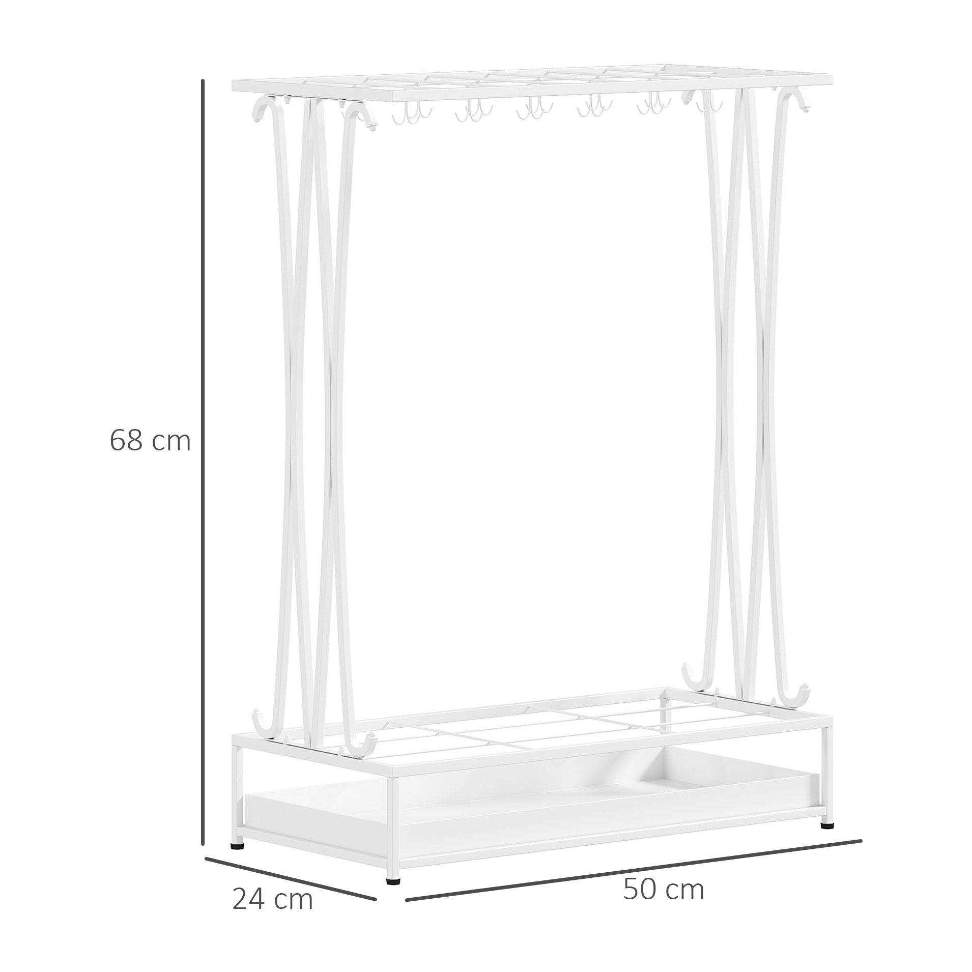 Paragüero Moderno Rectangular Soporte de Paraguas de Acero con 24 Ganchos 21 Espacios y Bandeja Recogegotas Extraíble Paragüero para Entrada Oficina 50x24x68 cm Blanco