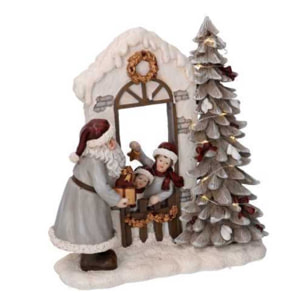 Statua in resina babbo natale e bambini grigio con led cm22x9,5h22,5