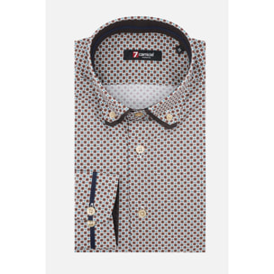 Camicia Uomo 1 Bottoni Button Down Slim Popeline Stampato bianco e marrone chiaro