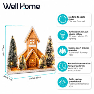 Casa navideña de madera con led blanco cálido y 4 árboles nevados, temporizador 6h 32x9x27 cm