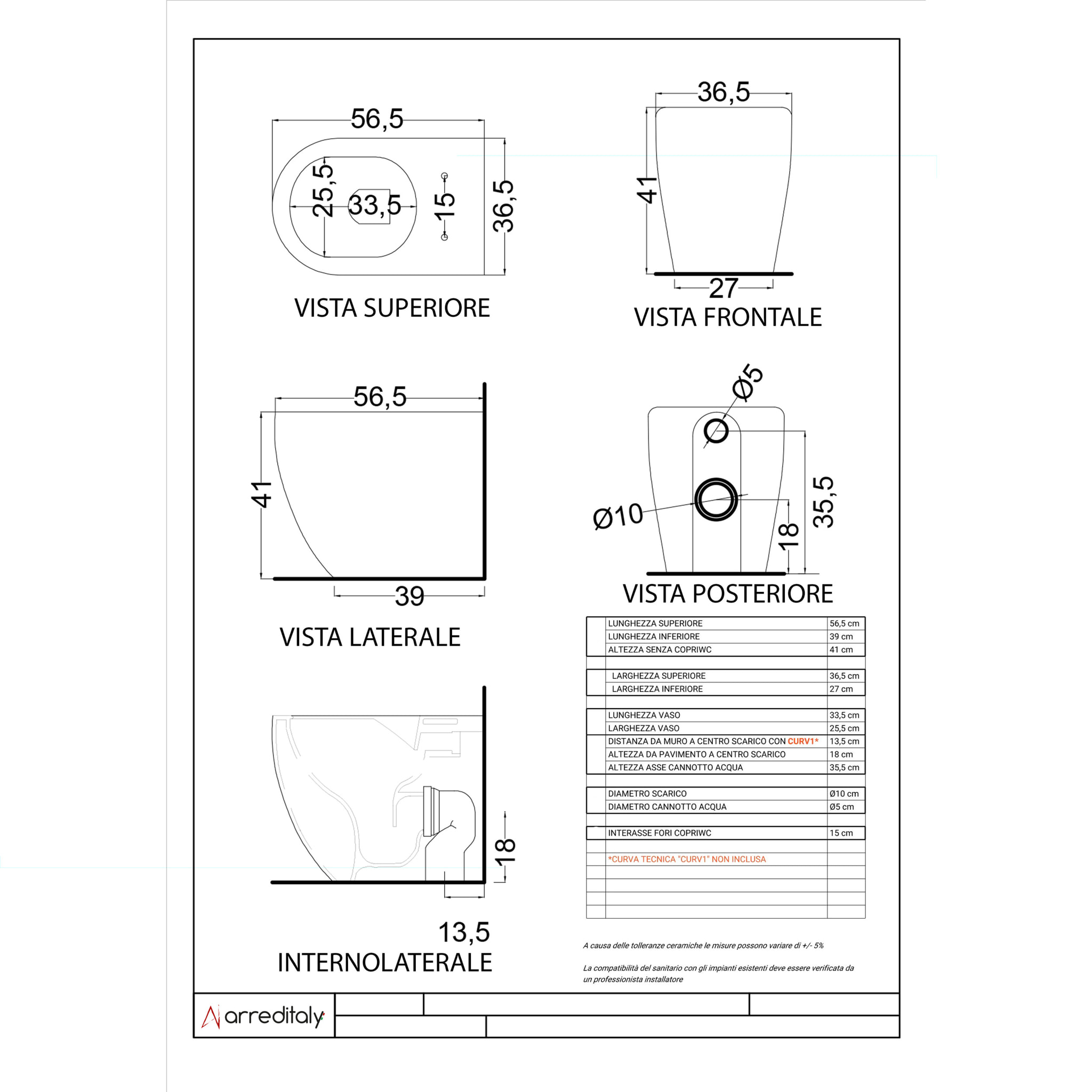 Coppia Sanitari Filomuro Filo Muro Vaso WC Rimless Senza Brida E Bidet Design Moderno In Ceramica Copriwater Chiusura Soft Close Rallentata Bianco