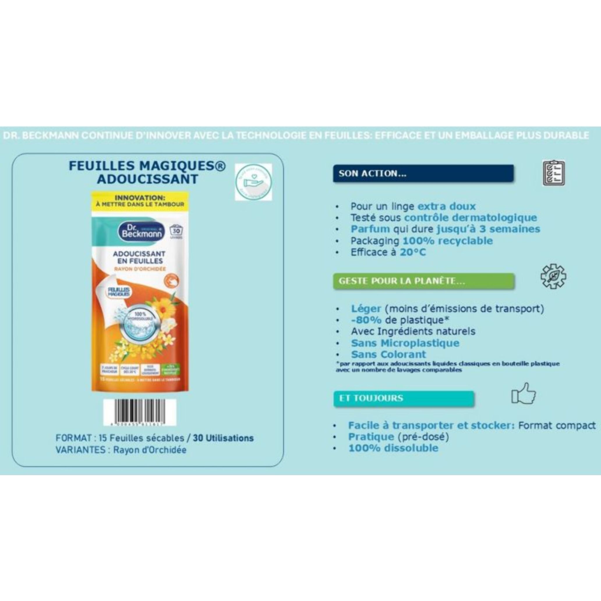Adoucissant DR BECKMANN Feuilles Magiques - Adoucissant en Feuilles - Rayon d'Orchidée x30 lavages