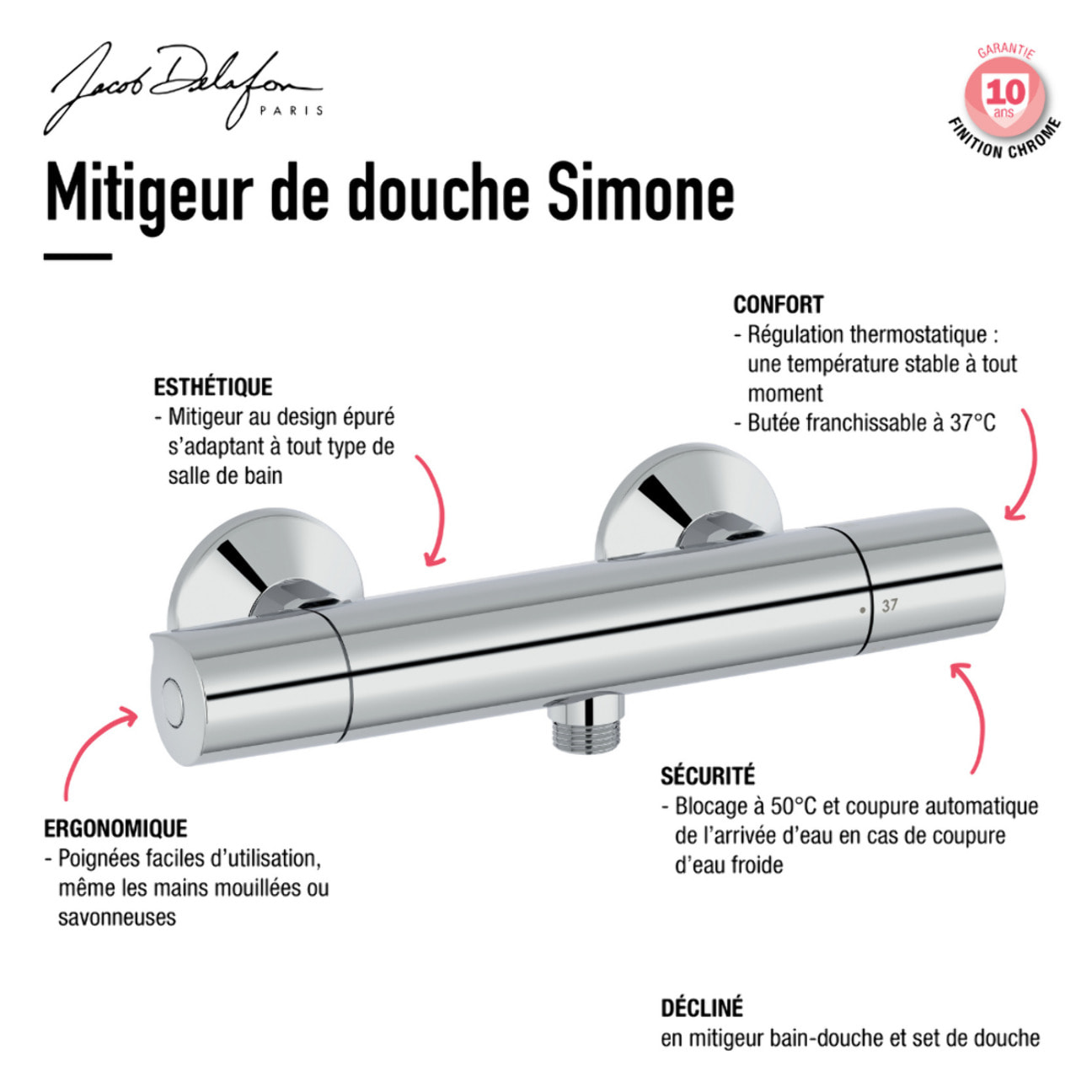 Jacob Delafon mitigeur thermostatique douche Simone Chrome