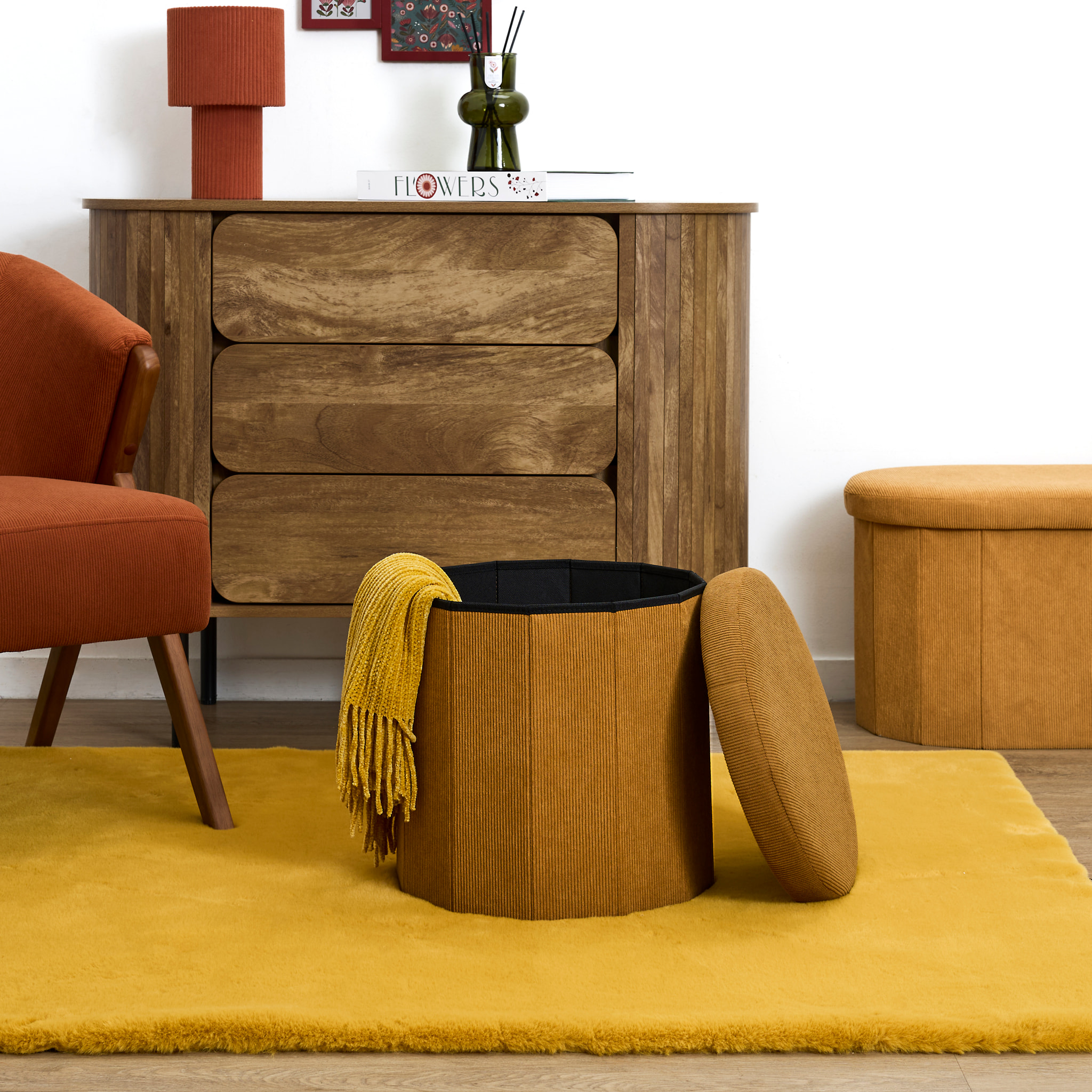 Coffre Pouf Pliable - HOME DECO FACTORY - Jules - Côtelé - Jaune