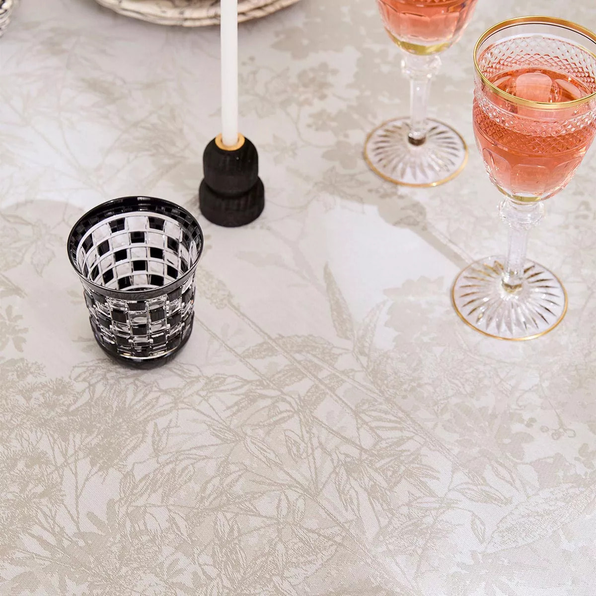 Nappe pur coton enduit motif jacquard beige Mille esprit jardins chanvre