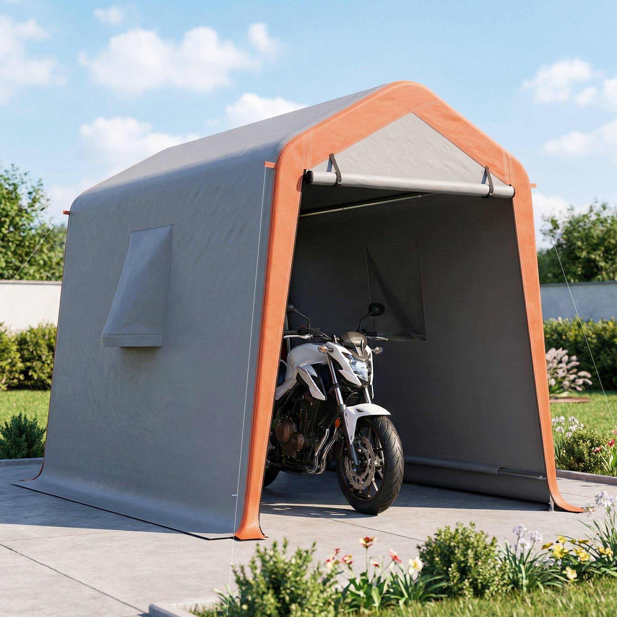 Outsunny Carpa Garaje Portátil 2,4x1,8 m, Garaje Exterior para Coche Impermeable con Puerta Enrollable con Cremallera, Ventanas, Estructura de Metal Galvanizado, UPF30+, Gris Claro