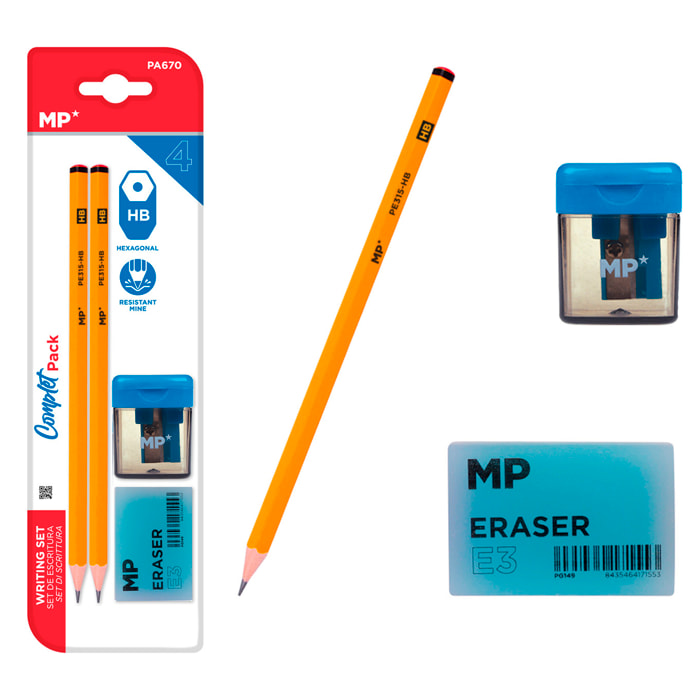 SET DE ESCRITURA: 2 lápices HB, 1 sacapuntas con depósito y una goma de borrar.