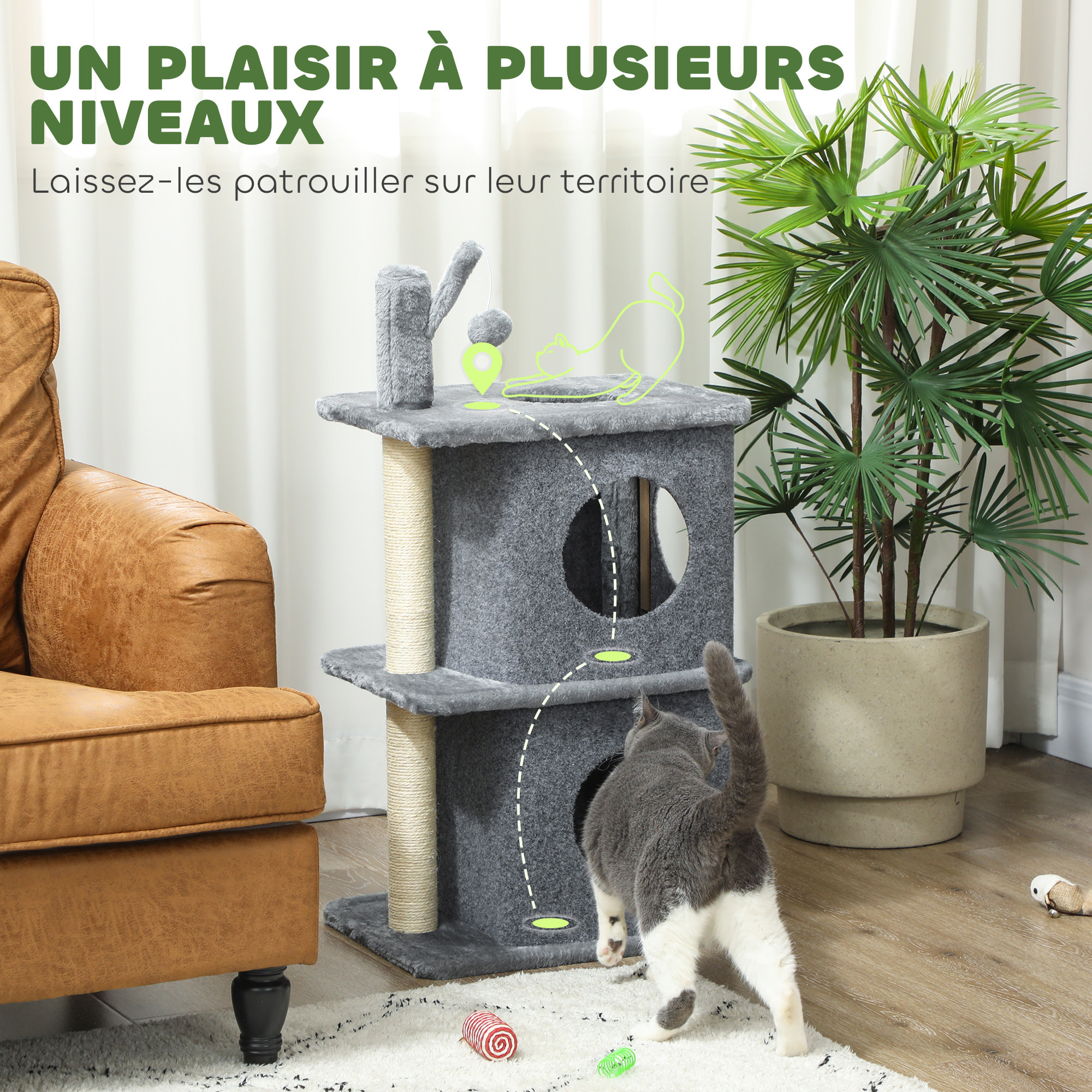 Arbre à chat à 3 niveaux hauteur 80 cm, tour pour chat avec 2 niches et surface de repos confortable, balle amovible, poteau en sisal et peluche douce, pour animal 5 kg, gris foncé
