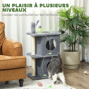 Arbre à chat à 3 niveaux hauteur 80 cm, tour pour chat avec 2 niches et surface de repos confortable, balle amovible, poteau en sisal et peluche douce, pour animal 5 kg, gris foncé