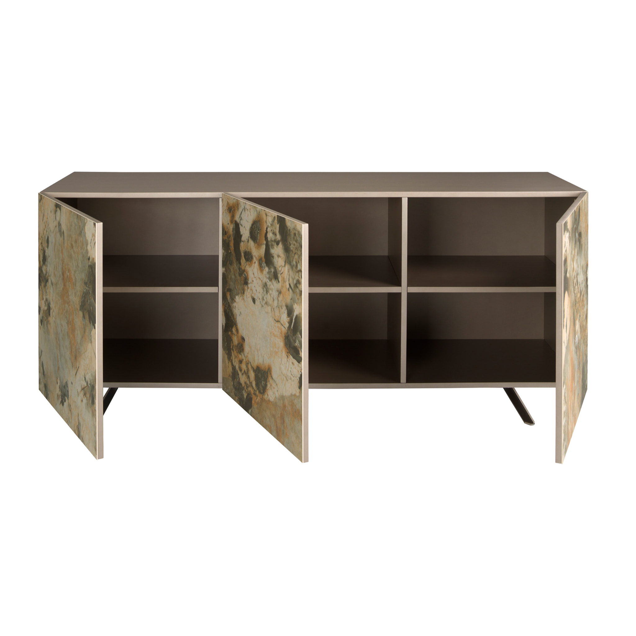 Aparador Angel Cerdá de madera MDF lacada y patas de acero inoxidable en taupé acabado metalizado 180x50x80cm